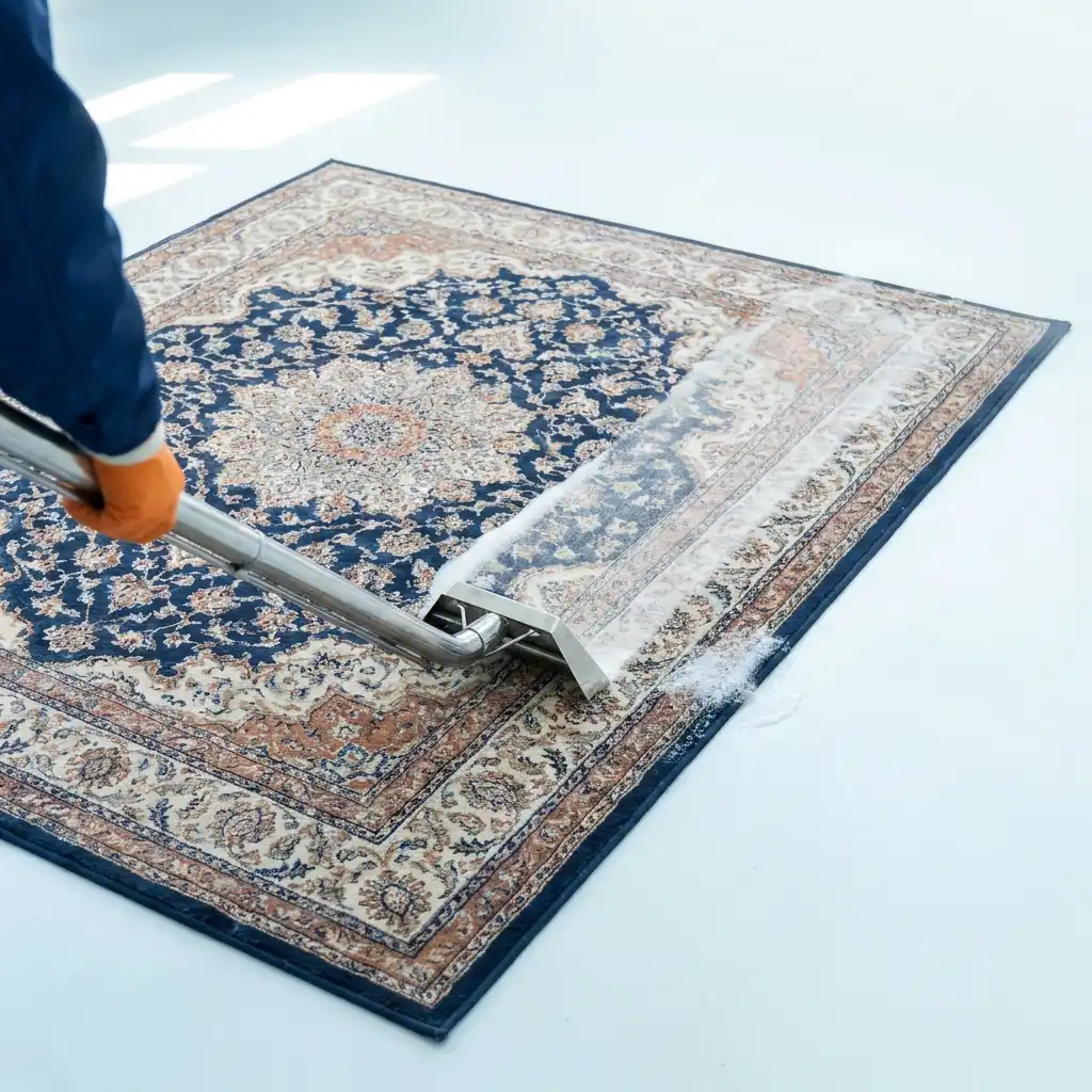 نمای نزدیک شست‌وشوی فرش ایرانی با دستگاه تخصصی قالیشویی زندگی